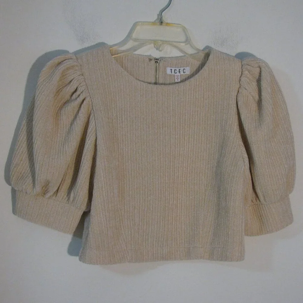TCEC Crop Chenille Top Small Beige Ribbed Plush Short Top Puff Sleeve - Picture 1 of 5